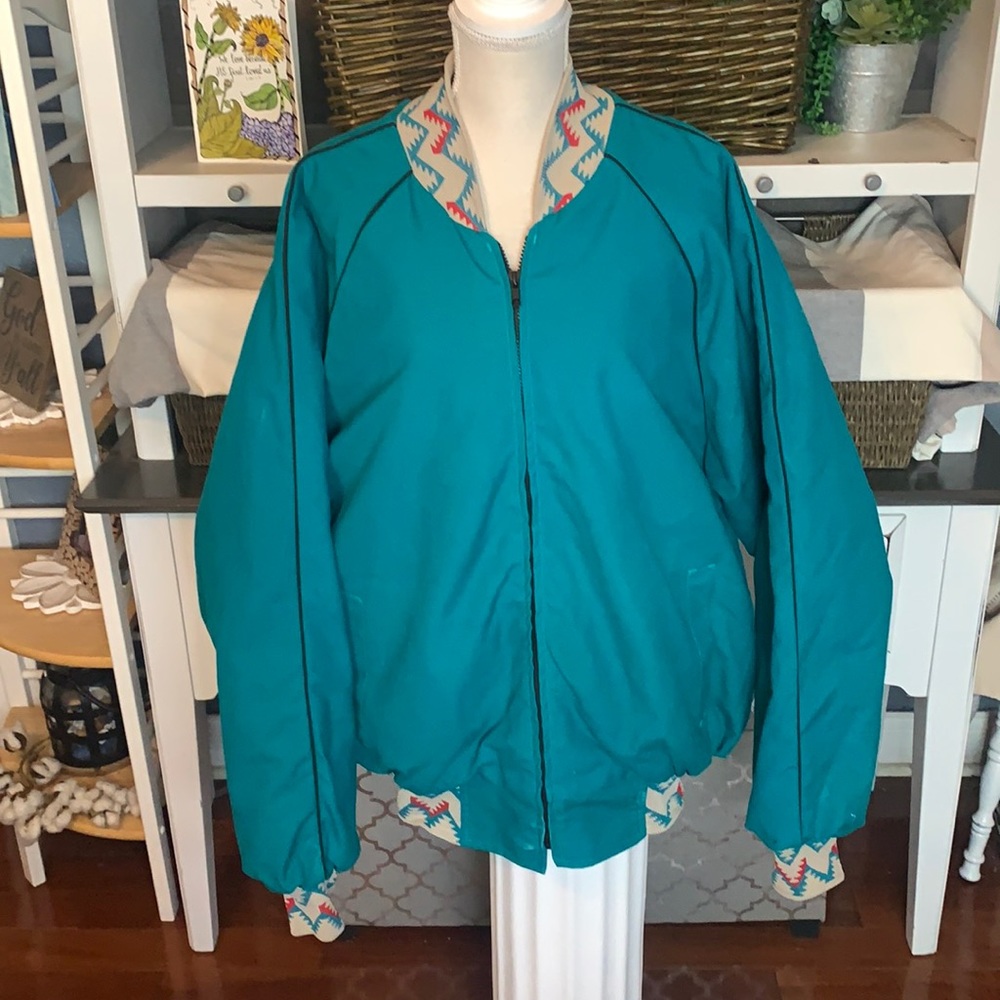 Bee-Wild by Award Design Apparel Vintage Green/Tan/Red Aztec Print Jacket Sz XL